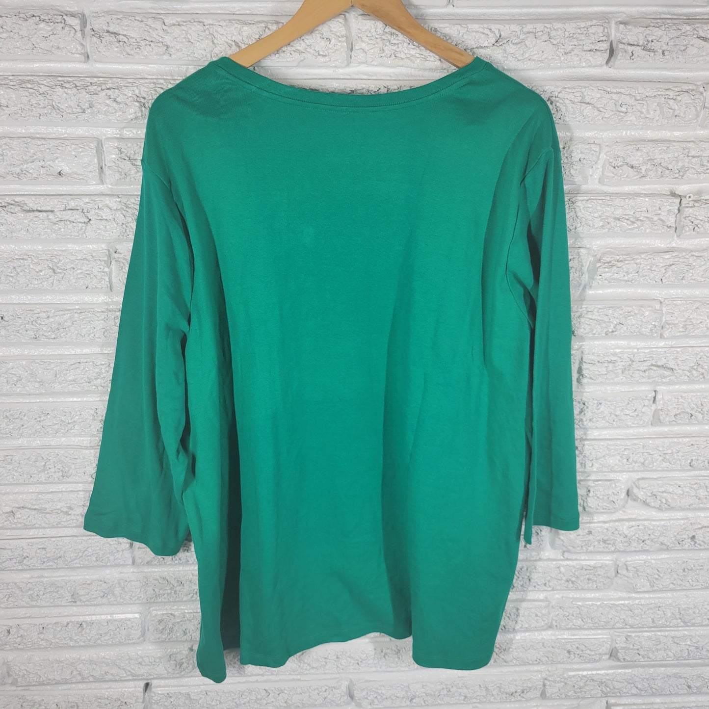 St Johns Bay Green Tee 3X 100% Cotton 3/4 Sleeve V Neck Plus Size Solid GRE12E