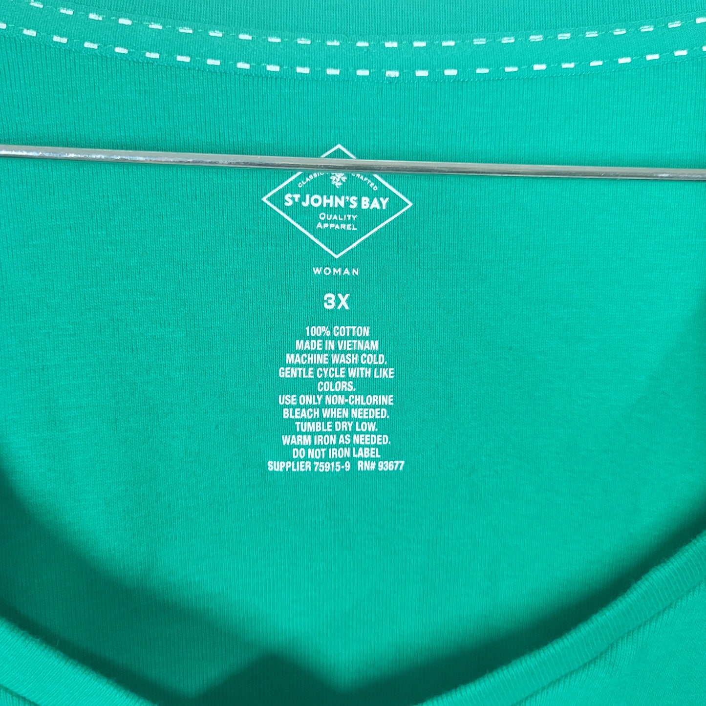 St Johns Bay Green Tee 3X 100% Cotton 3/4 Sleeve V Neck Plus Size Solid GRE12E