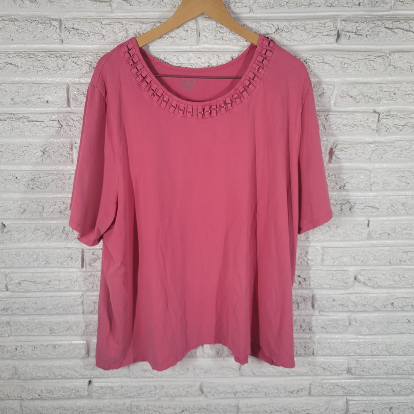 Liz & Me Pink Tee 3X Deco Neck Cotton Blend Shirt Short Sleeve Plus Size PIN1XE