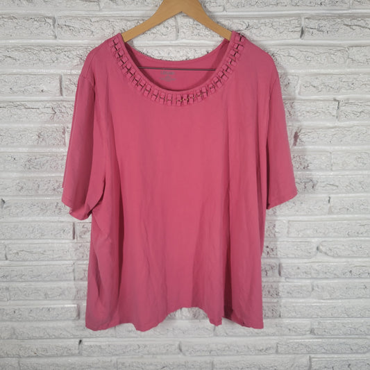 Liz & Me Pink Tee 3X Deco Neck Cotton Blend Shirt Short Sleeve Plus Size PIN1XE