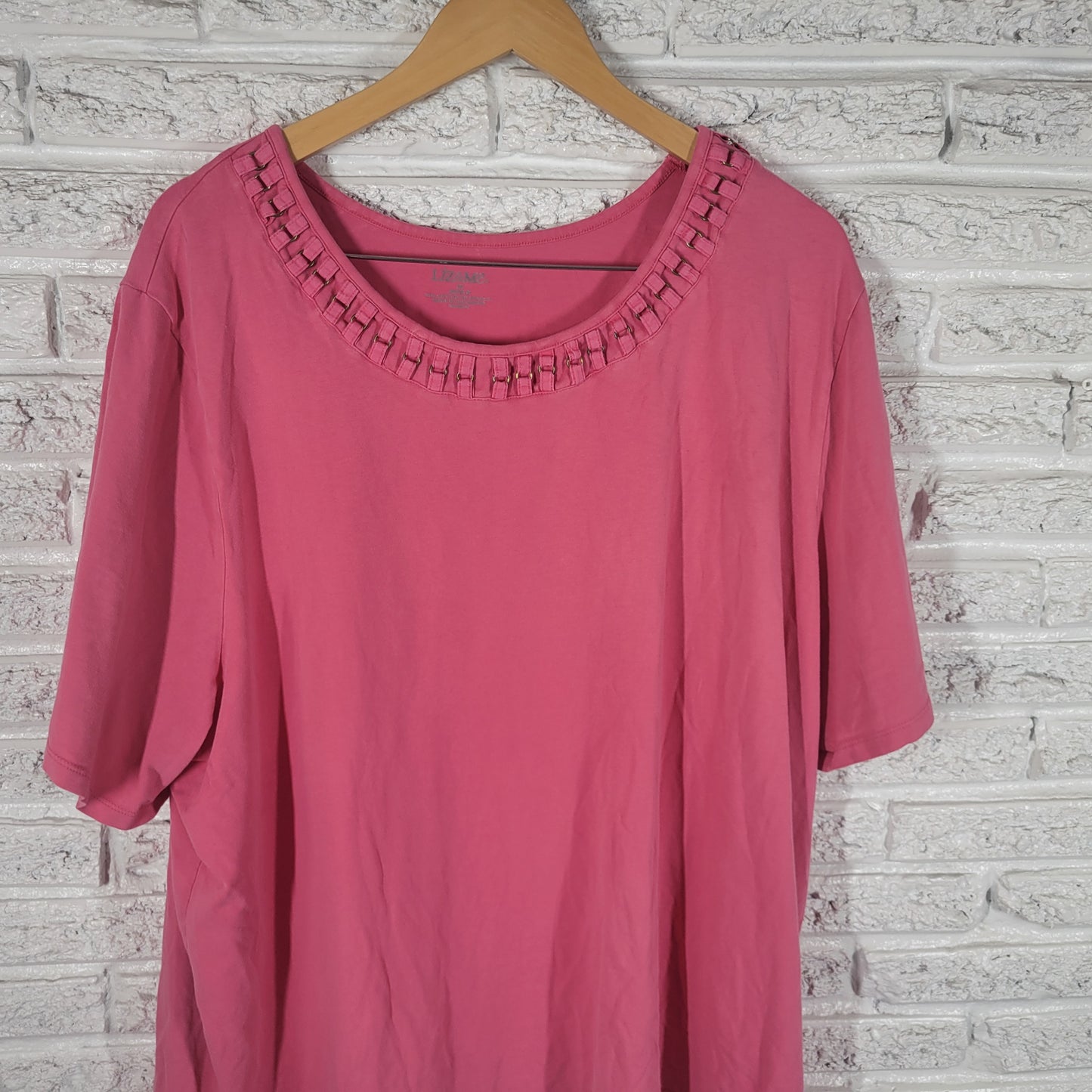 Liz & Me Pink Tee 3X Deco Neck Cotton Blend Shirt Short Sleeve Plus Size PIN1XE