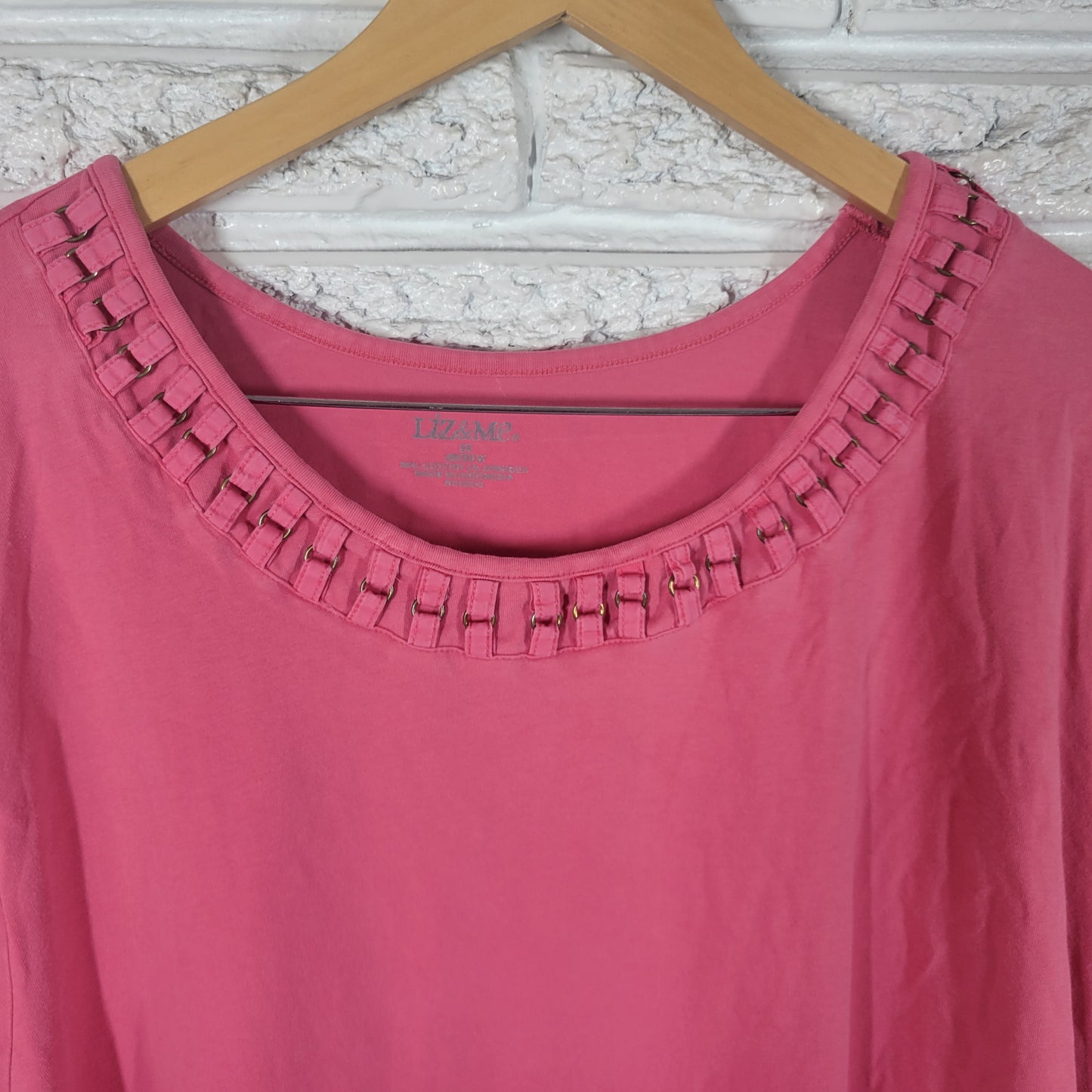 Liz & Me Pink Tee 3X Deco Neck Cotton Blend Shirt Short Sleeve Plus Size PIN1XE