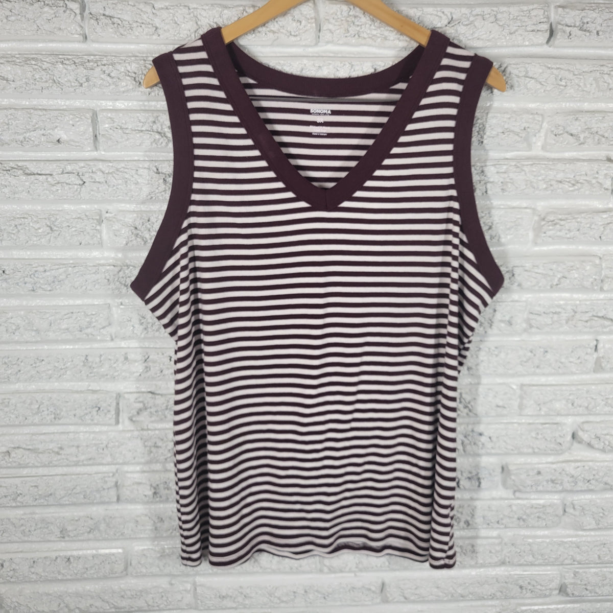 Sonoma Womens Knit Top 3X Burgundy White Striped V Neck Tank Cotton STR182XE