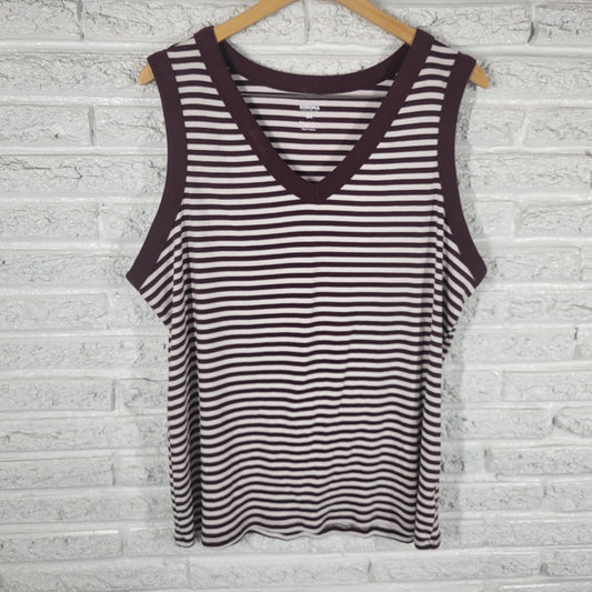 Sonoma Womens Knit Top 3X Burgundy White Striped V Neck Tank Cotton STR182XE