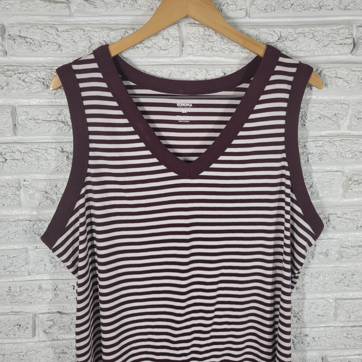 Sonoma Womens Knit Top 3X Burgundy White Striped V Neck Tank Cotton STR182XE