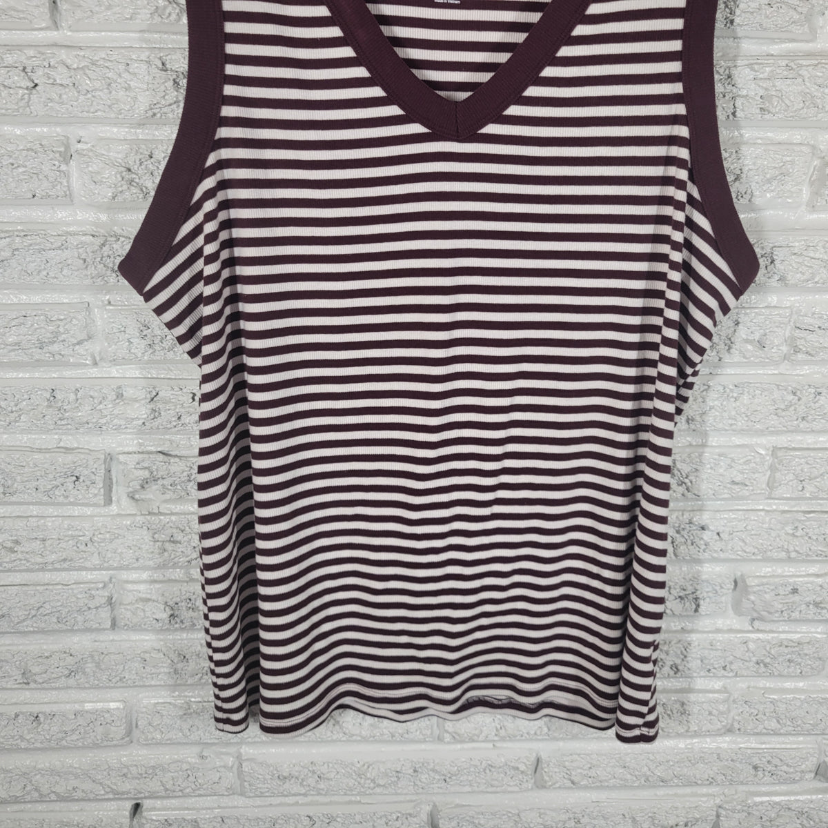 Sonoma Womens Knit Top 3X Burgundy White Striped V Neck Tank Cotton STR182XE