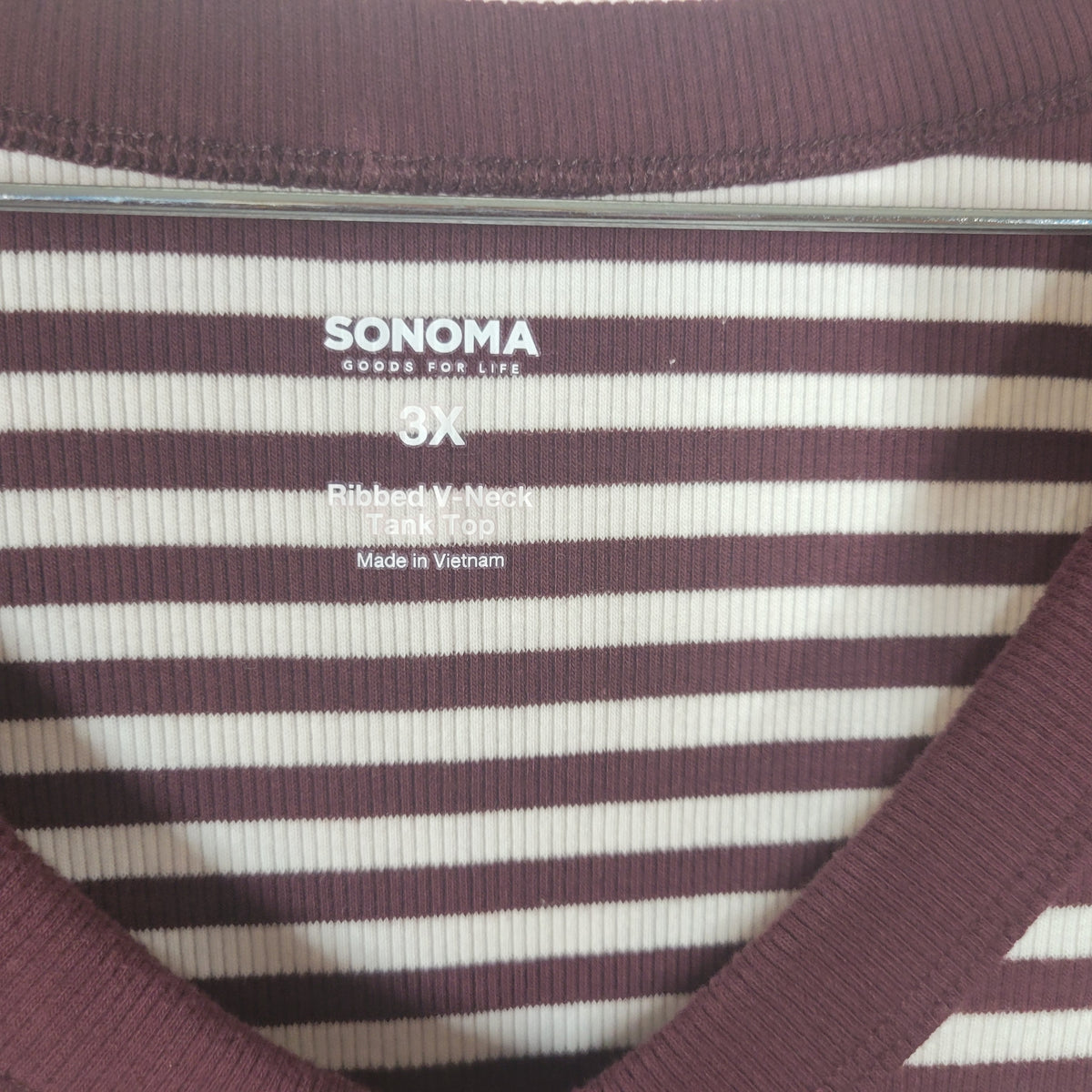 Sonoma Womens Knit Top 3X Burgundy White Striped V Neck Tank Cotton STR182XE