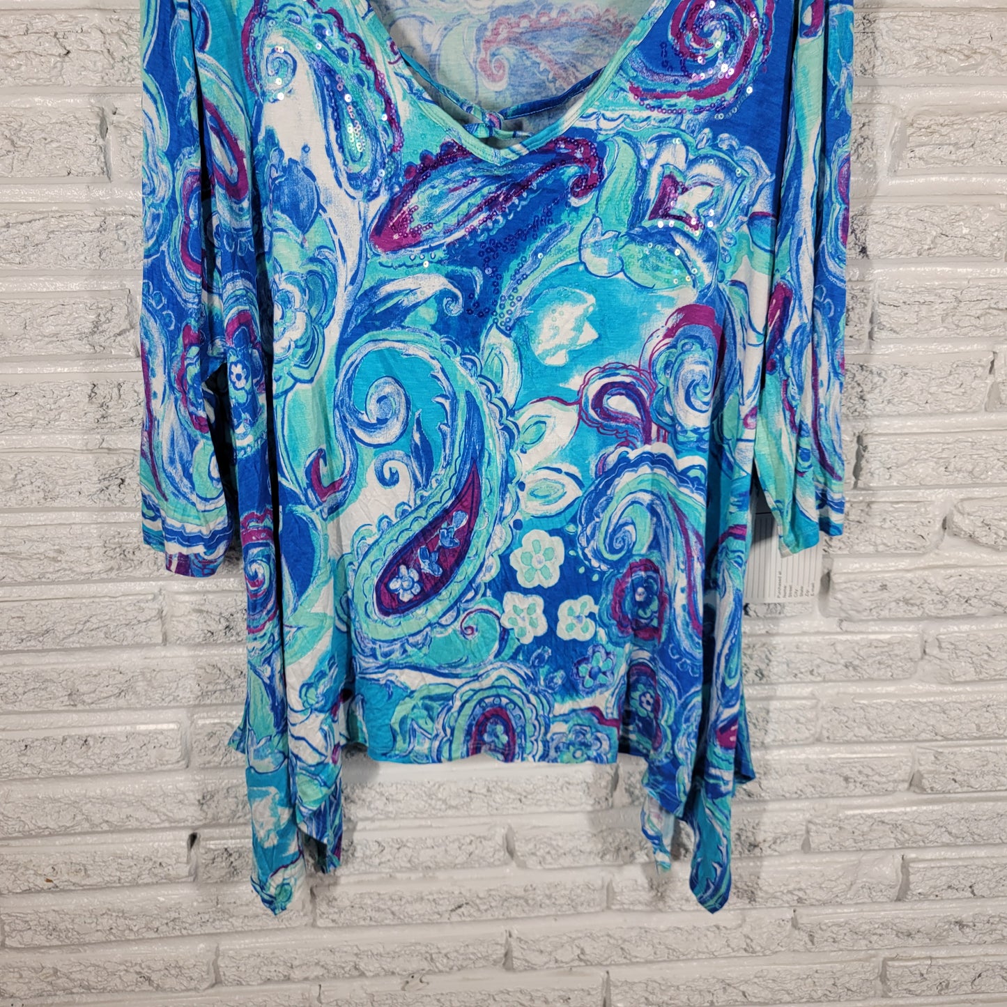 Onque Top Womens 3X Blue Purple Paisley Sequin V-Neck 3/4 Sleeve Casual PAI25E