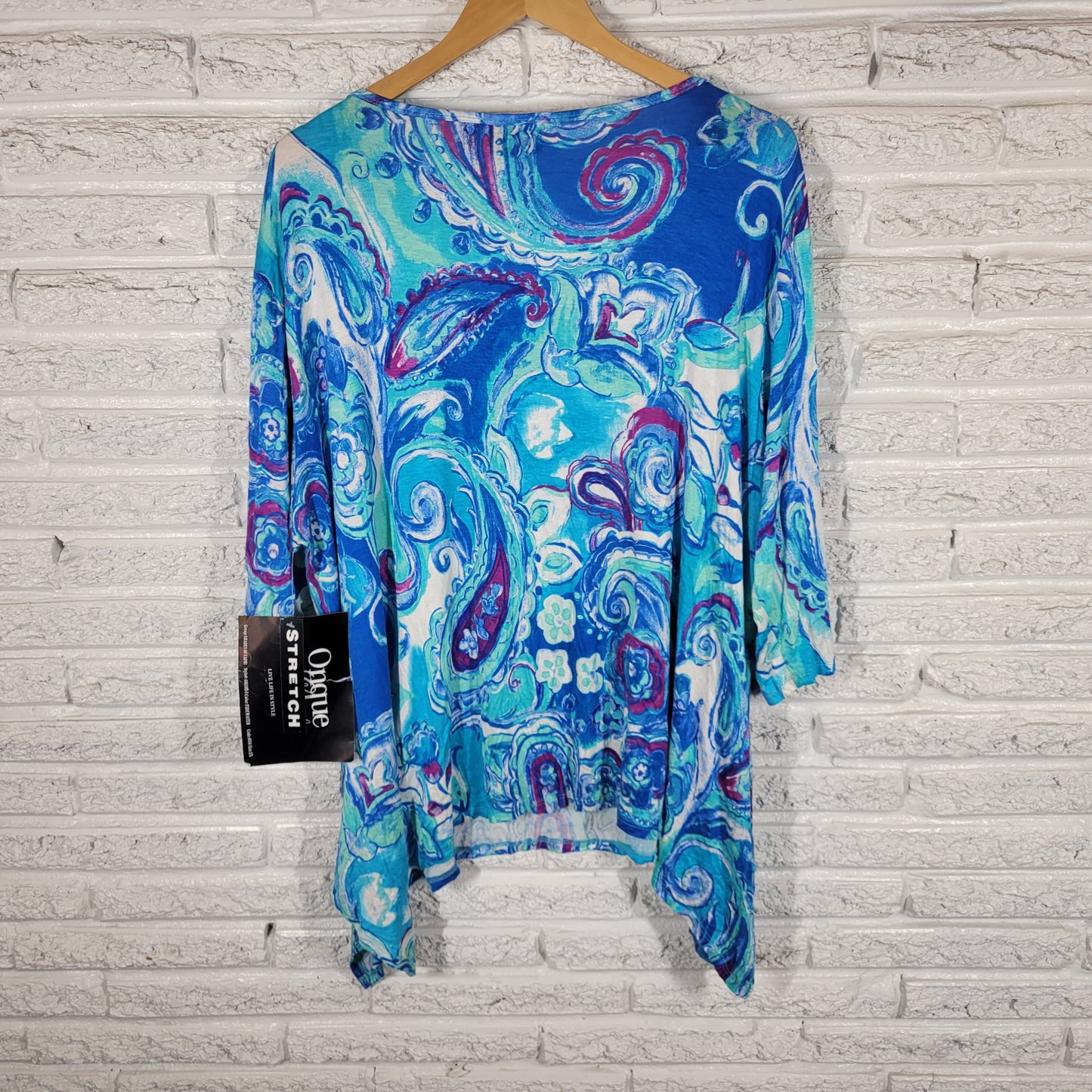 Onque Top Womens 3X Blue Purple Paisley Sequin V-Neck 3/4 Sleeve Casual PAI25E