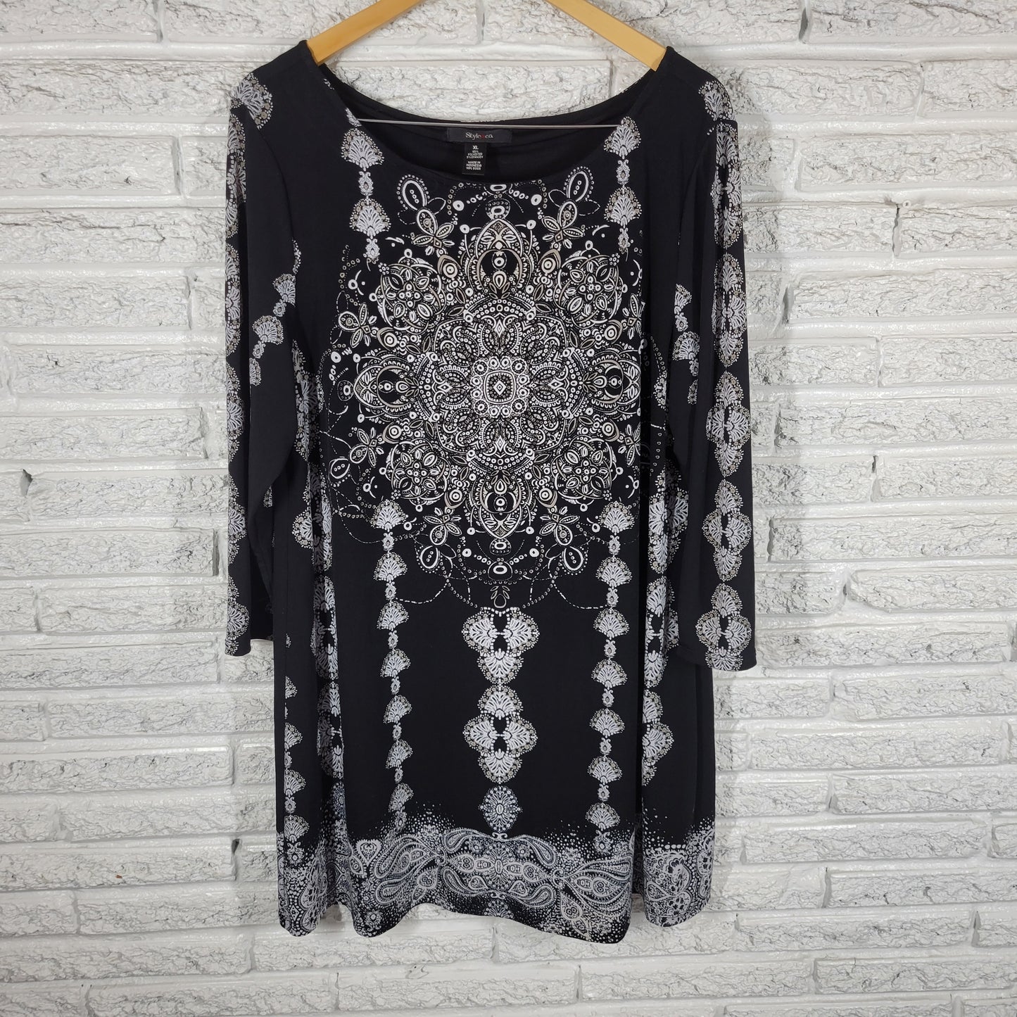 Style Co Dress Womens XL Black White Geometric 3/4 Sleeve Casual Mini GEO57XE