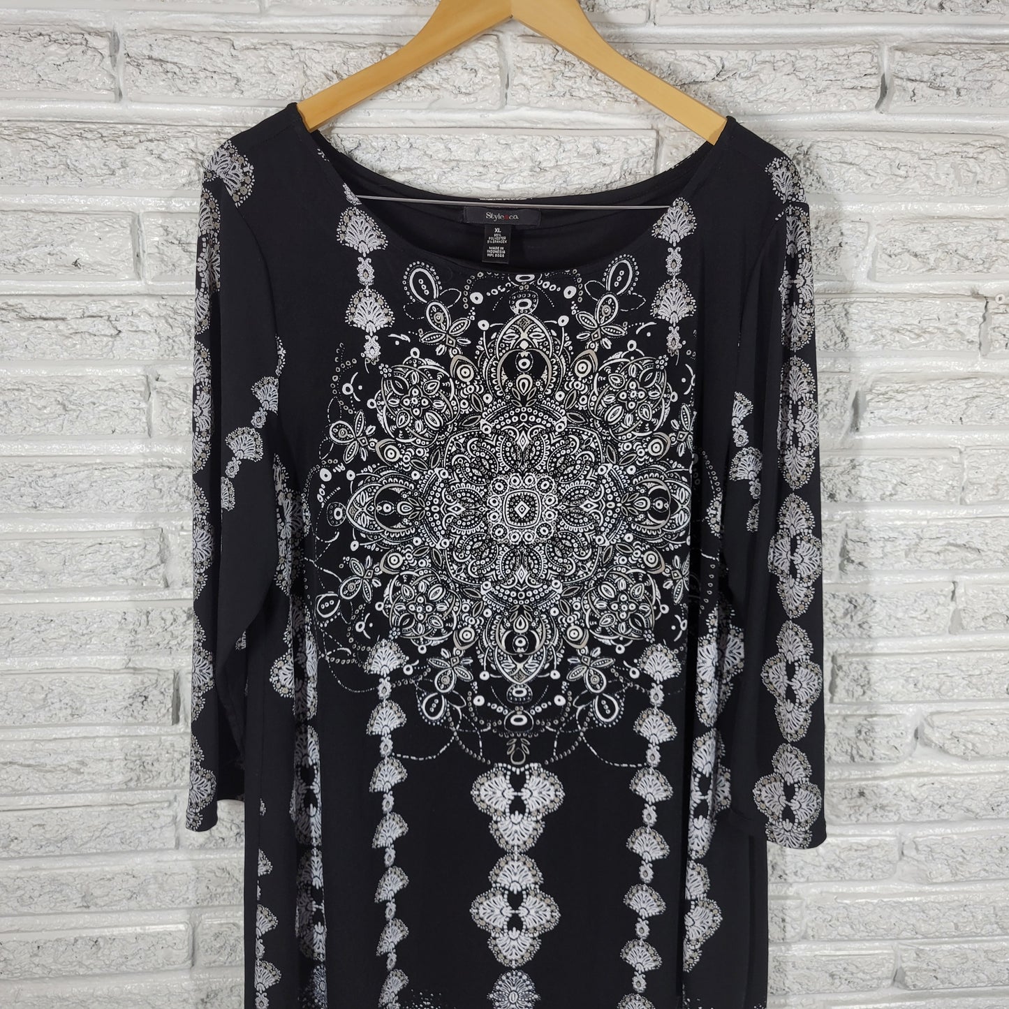 Style Co Dress Womens XL Black White Geometric 3/4 Sleeve Casual Mini GEO57XE