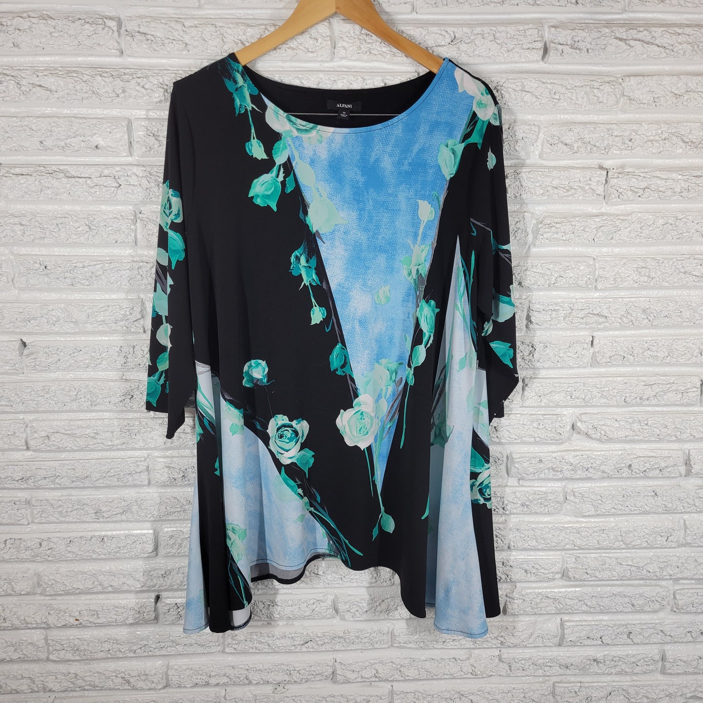 Alfani Asymmetric Tunic Womens 2X Black Blue Floral 3/4 Sleeve Casual FLO283E