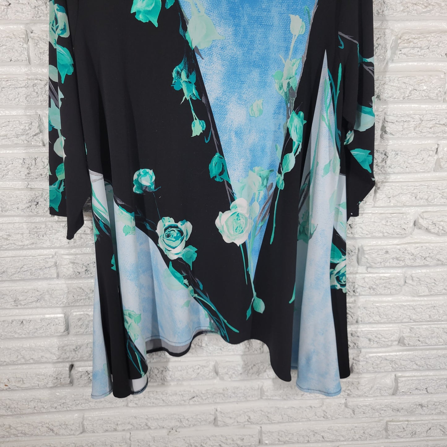 Alfani Asymmetric Tunic Womens 2X Black Blue Floral 3/4 Sleeve Casual FLO283E