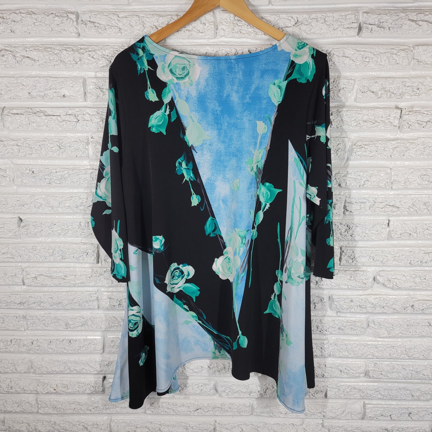 Alfani Asymmetric Tunic Womens 2X Black Blue Floral 3/4 Sleeve Casual FLO283E