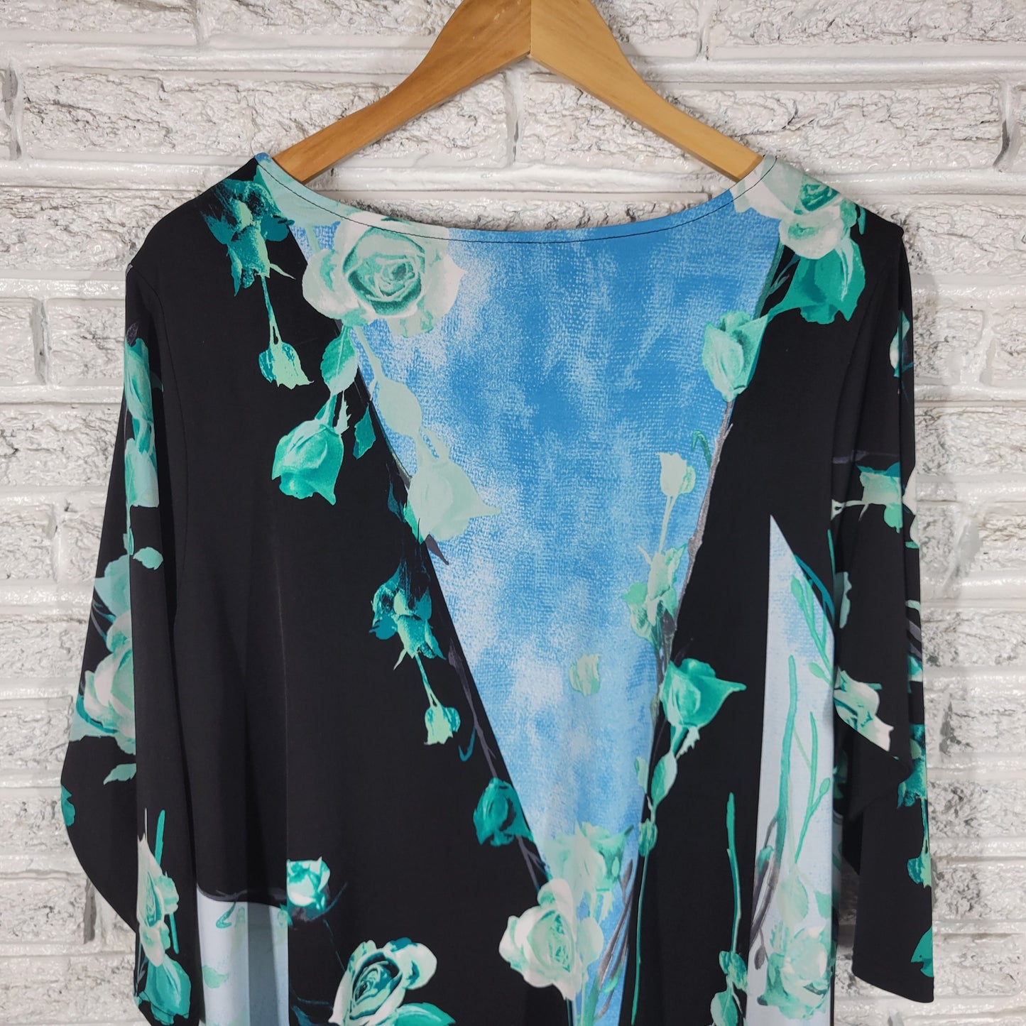 Alfani Asymmetric Tunic Womens 2X Black Blue Floral 3/4 Sleeve Casual FLO283E
