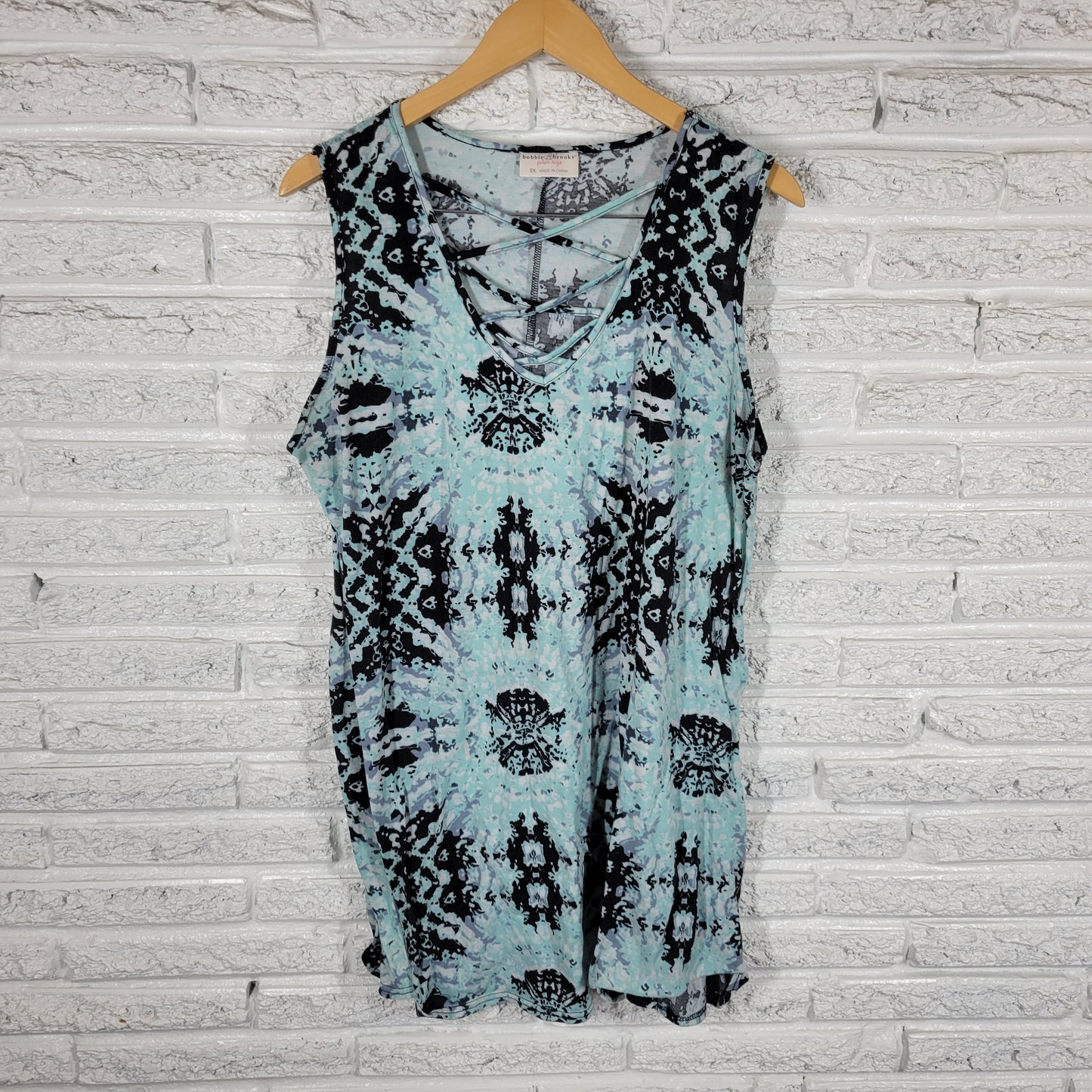 Bobbie Brooks Tunic Women 2X Blue Black Tie Dye V-Neck Sleeveless Casual A14E