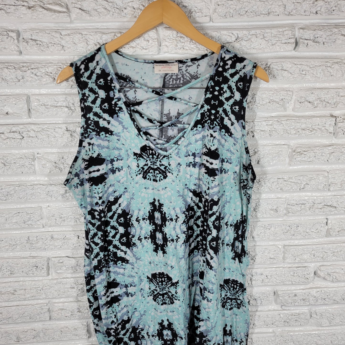 Bobbie Brooks Tunic Women 2X Blue Black Tie Dye V-Neck Sleeveless Casual A14E