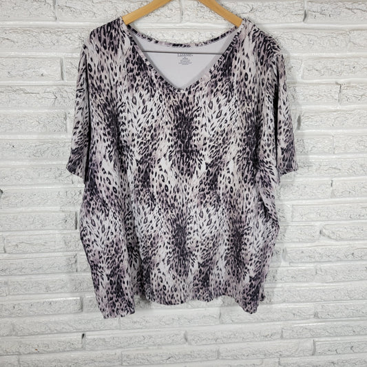 Liz & Me Women Tee 3X Black Gray Animal Print V-Neck Short Sleeve Cotton ANI64E
