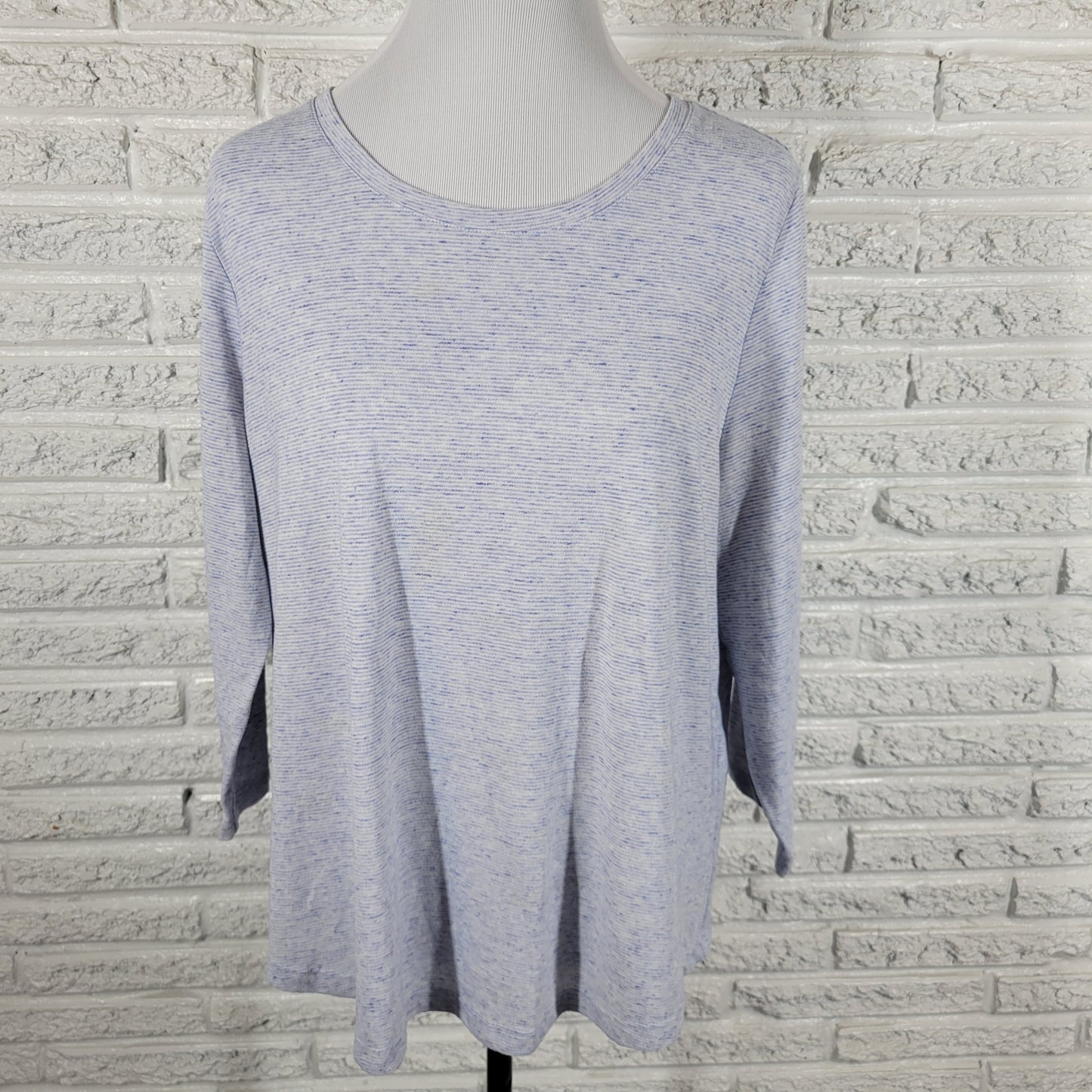 Chicos Womens Tee XL Blue Stripe 3/4 Sleeve Crewneck Knit Stretch Travel STR176E