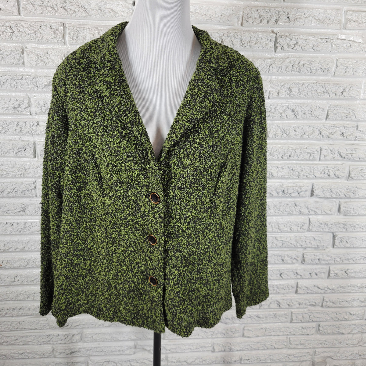Dress Barn Cardigan Sweater Womens 1X Green Black Chunky Knit Collared SWE133E
