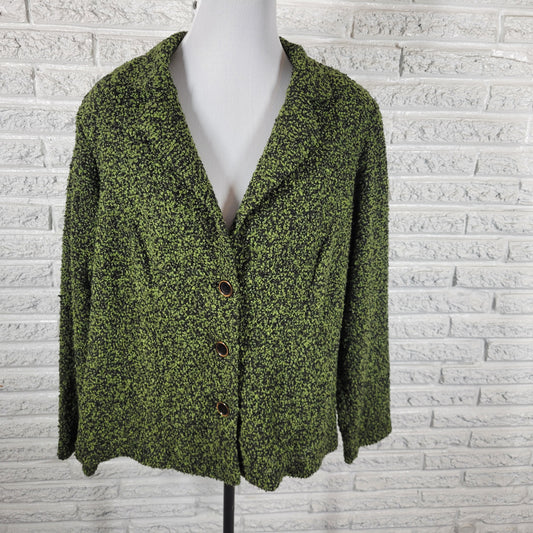 Dress Barn Cardigan Sweater Womens 1X Green Black Chunky Knit Collared SWE133E