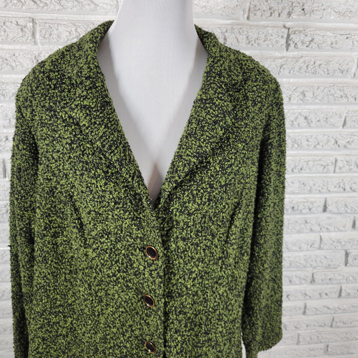 Dress Barn Cardigan Sweater Womens 1X Green Black Chunky Knit Collared SWE133E