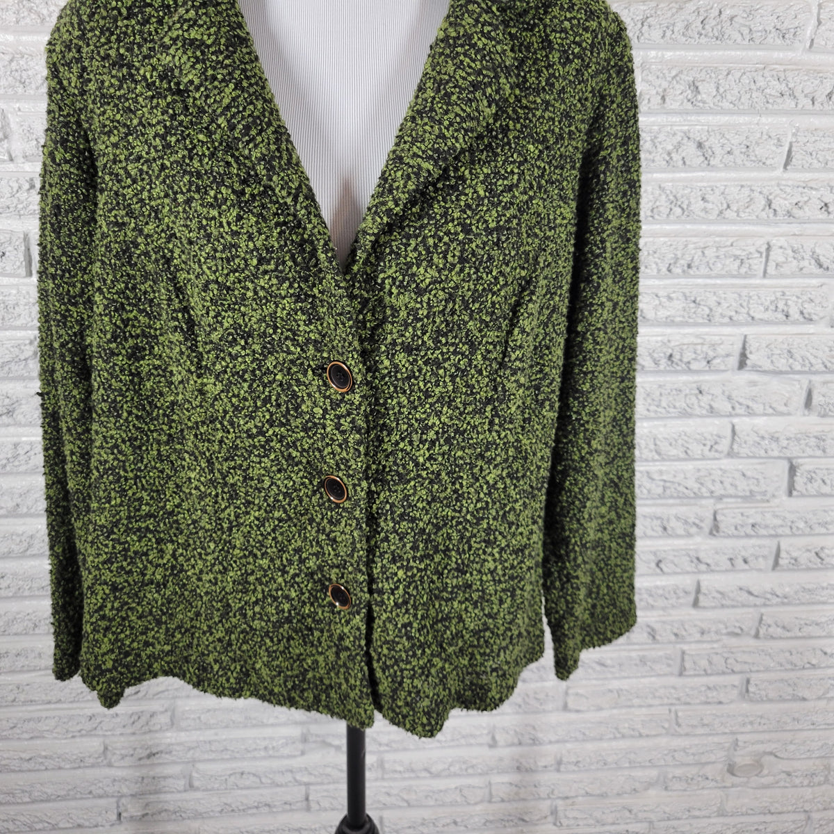 Dress Barn Cardigan Sweater Womens 1X Green Black Chunky Knit Collared SWE133E