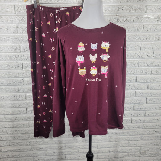 LC Lauren Conrad XL Pajama Set Maroon Feline Cat Winter Beanie Mittens BUR13E