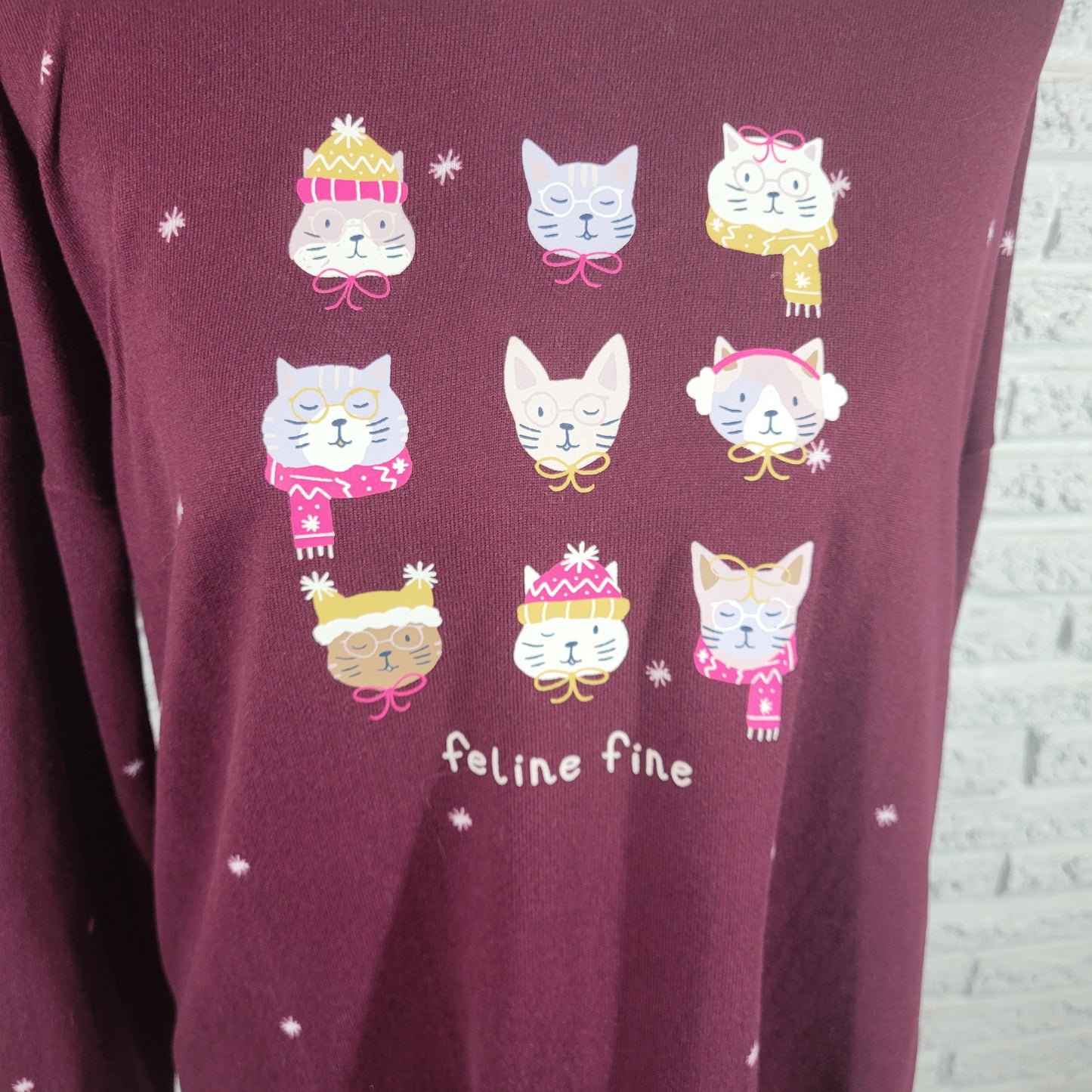 LC Lauren Conrad XL Pajama Set Maroon Feline Cat Winter Beanie Mittens BUR13E