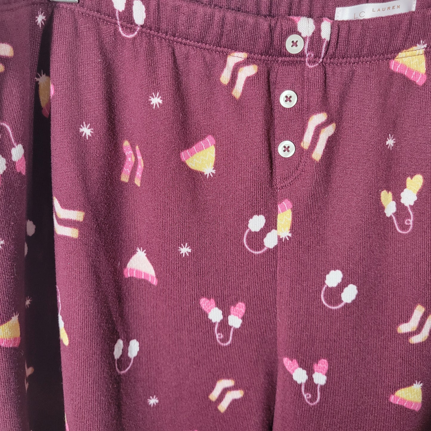 LC Lauren Conrad XL Pajama Set Maroon Feline Cat Winter Beanie Mittens BUR13E