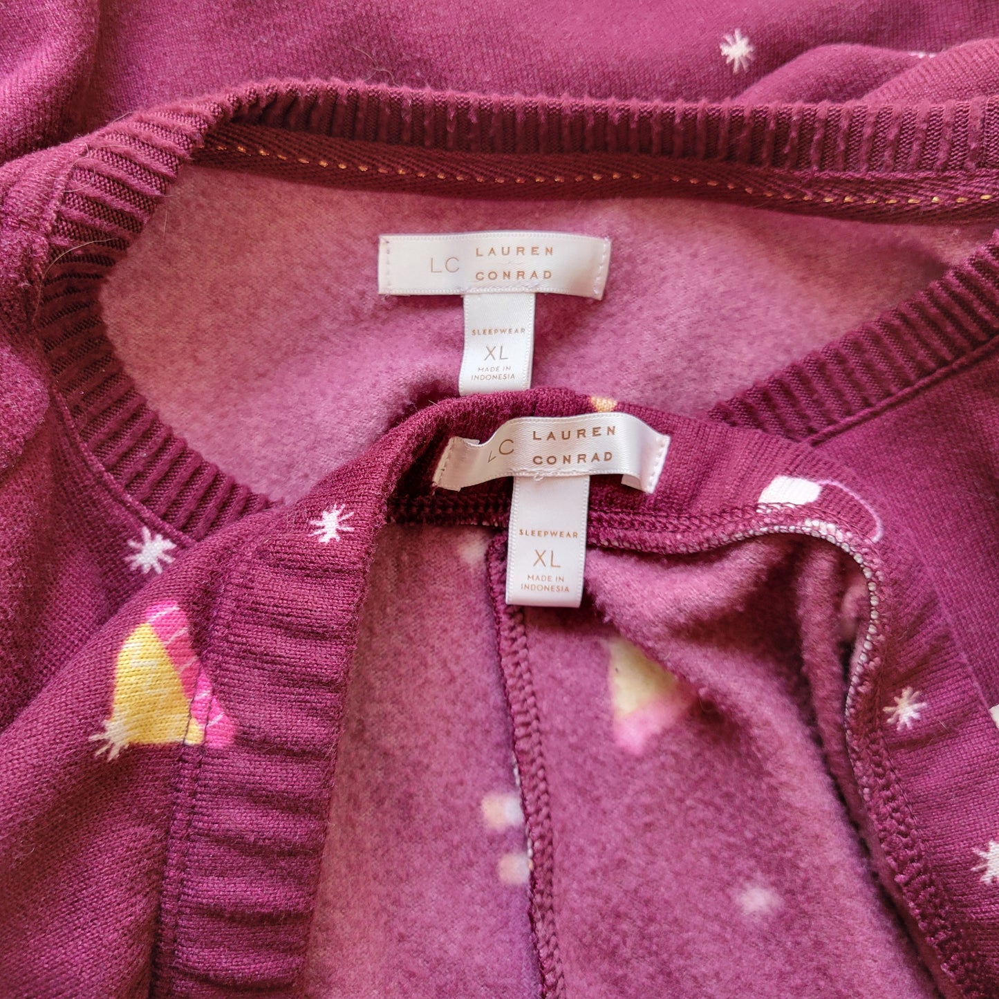 LC Lauren Conrad XL Pajama Set Maroon Feline Cat Winter Beanie Mittens BUR13E