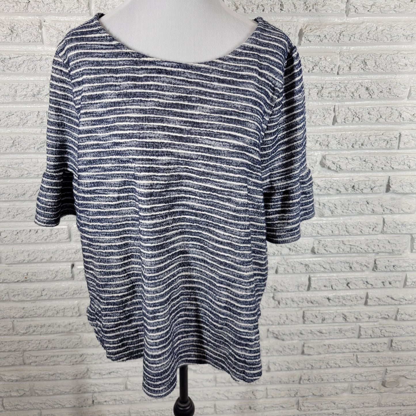 Green Envelope Womens Top 2X Blue White Striped Cotton Short Sleeve STR144E
