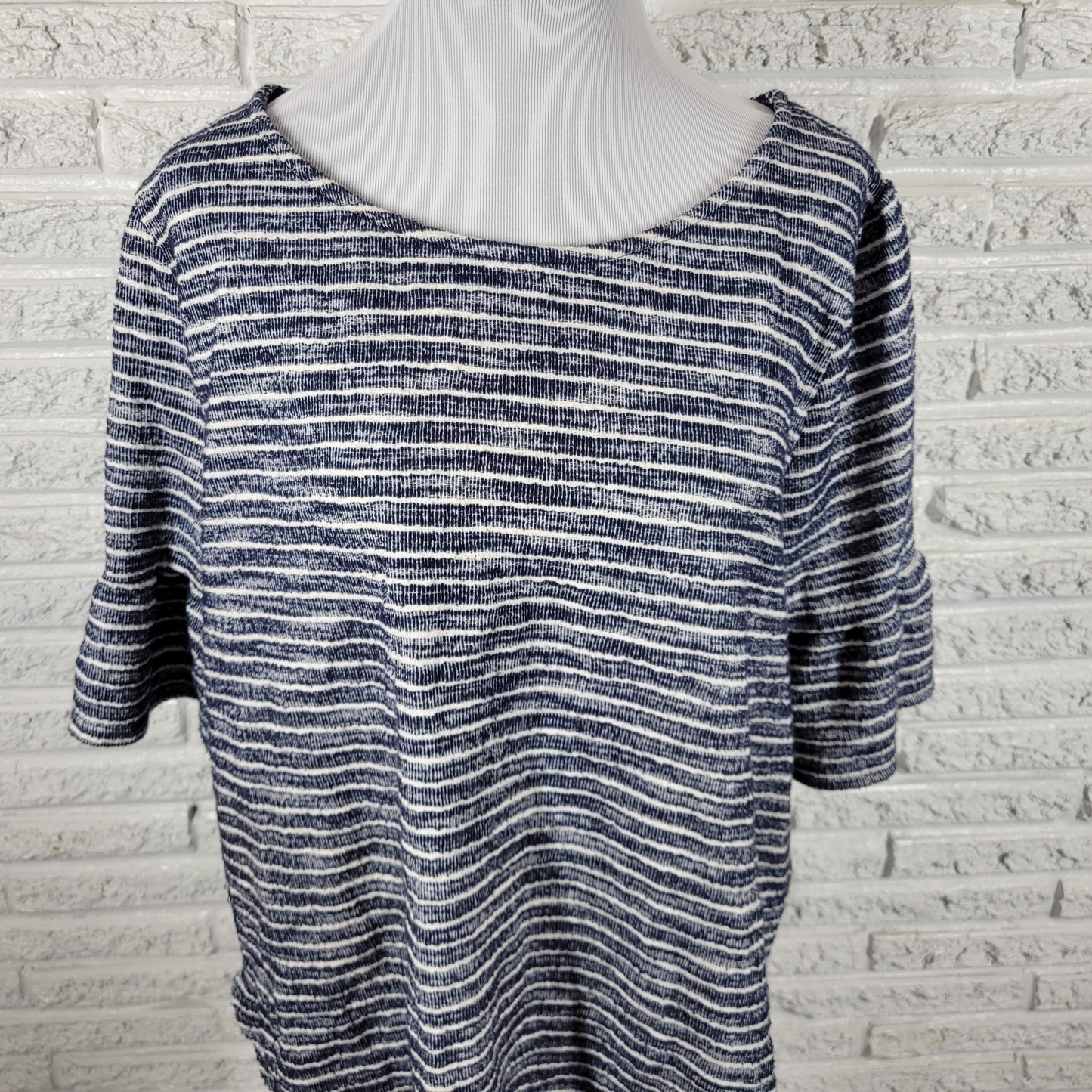 Green Envelope Womens Top 2X Blue White Striped Cotton Short Sleeve STR144E