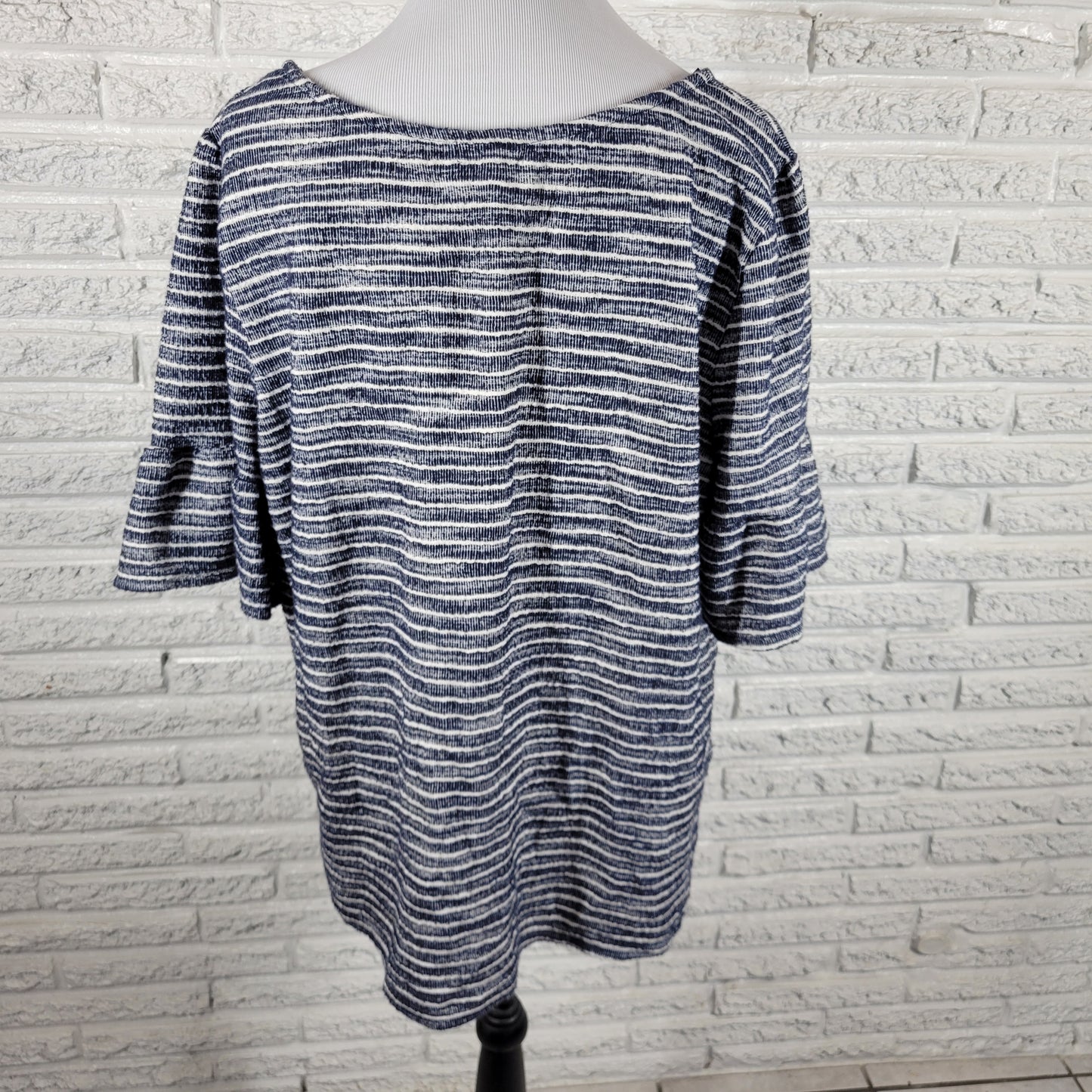Green Envelope Womens Top 2X Blue White Striped Cotton Short Sleeve STR144E
