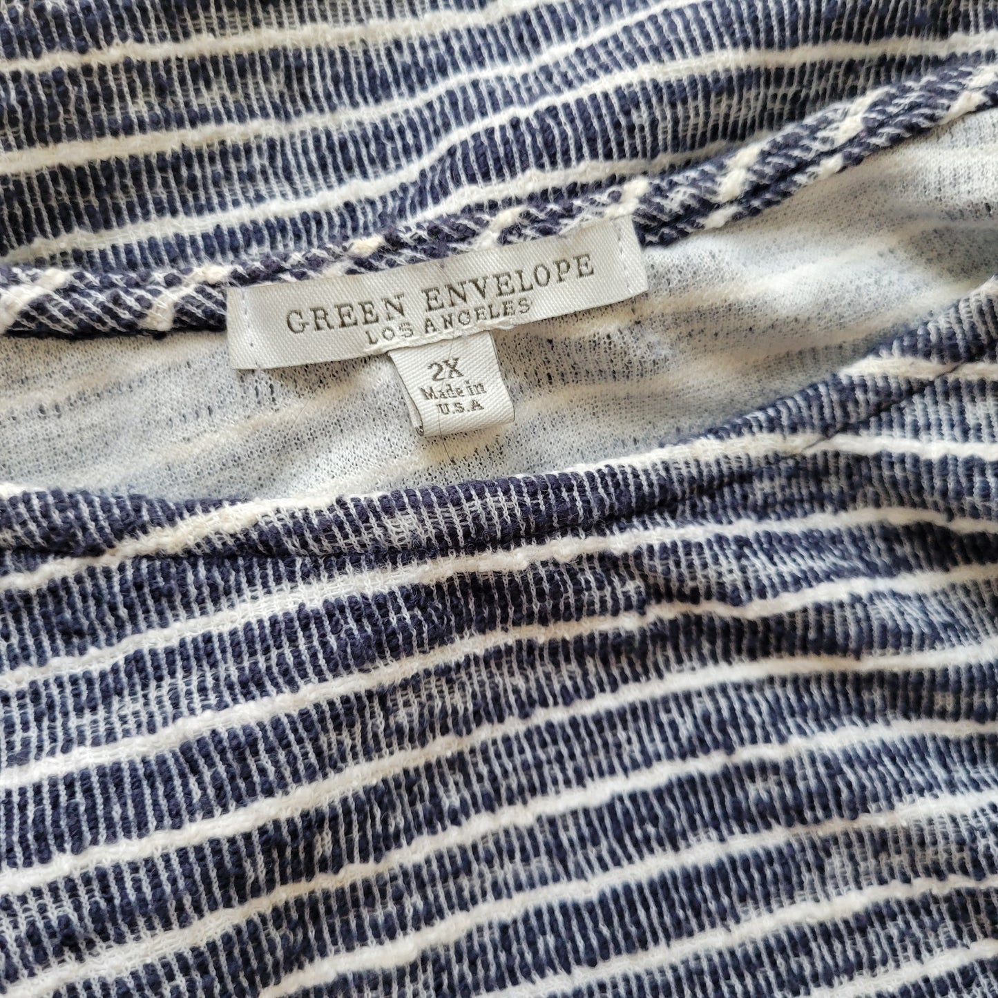 Green Envelope Womens Top 2X Blue White Striped Cotton Short Sleeve STR144E