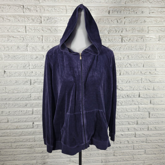 Liz Claiborne Villager Sport Women 2X Blue Velour Hoodie Jacket Full Zip BLU66E