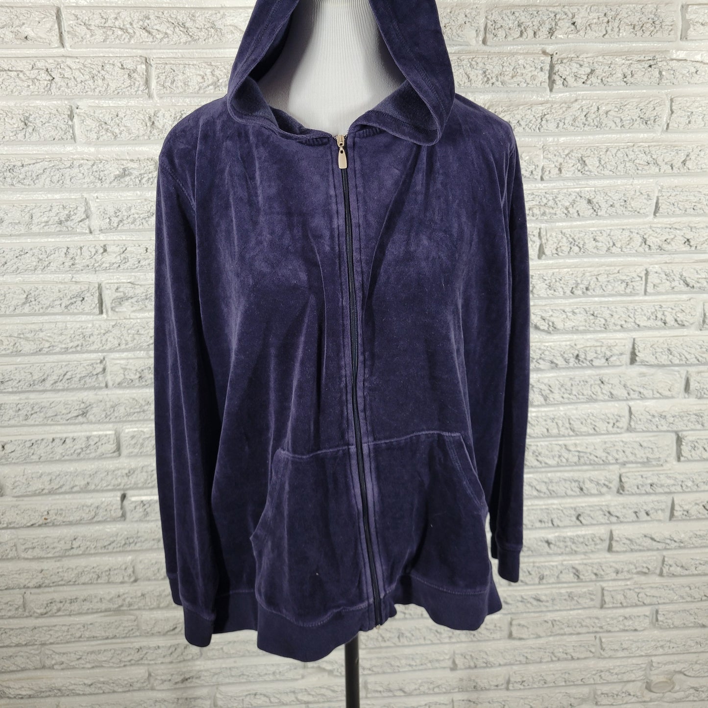 Liz Claiborne Villager Sport Women 2X Blue Velour Hoodie Jacket Full Zip BLU66E