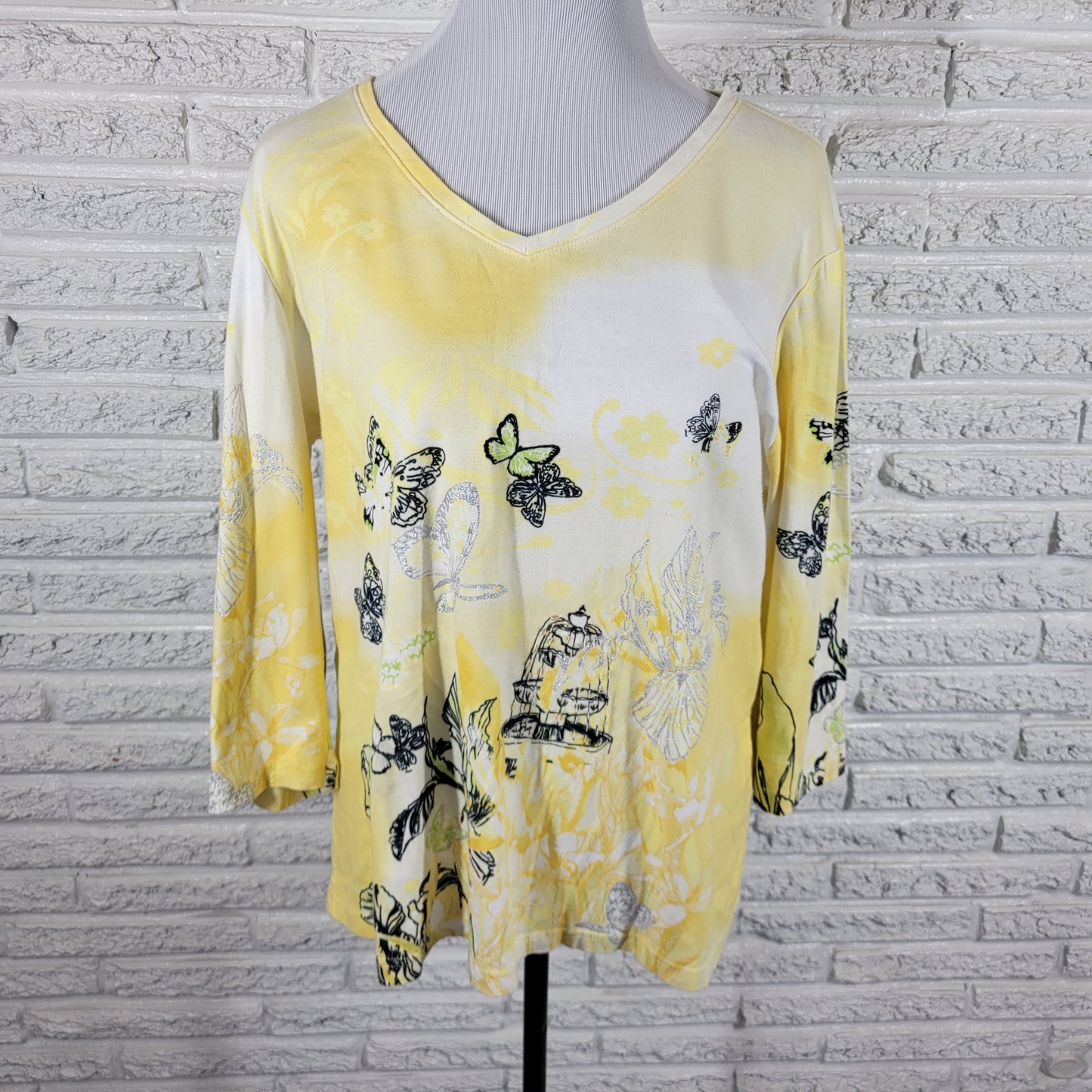 Christopher & Banks XL Shirt Yellow Butterfly Birdcage Floral Glitter Top YEL1E
