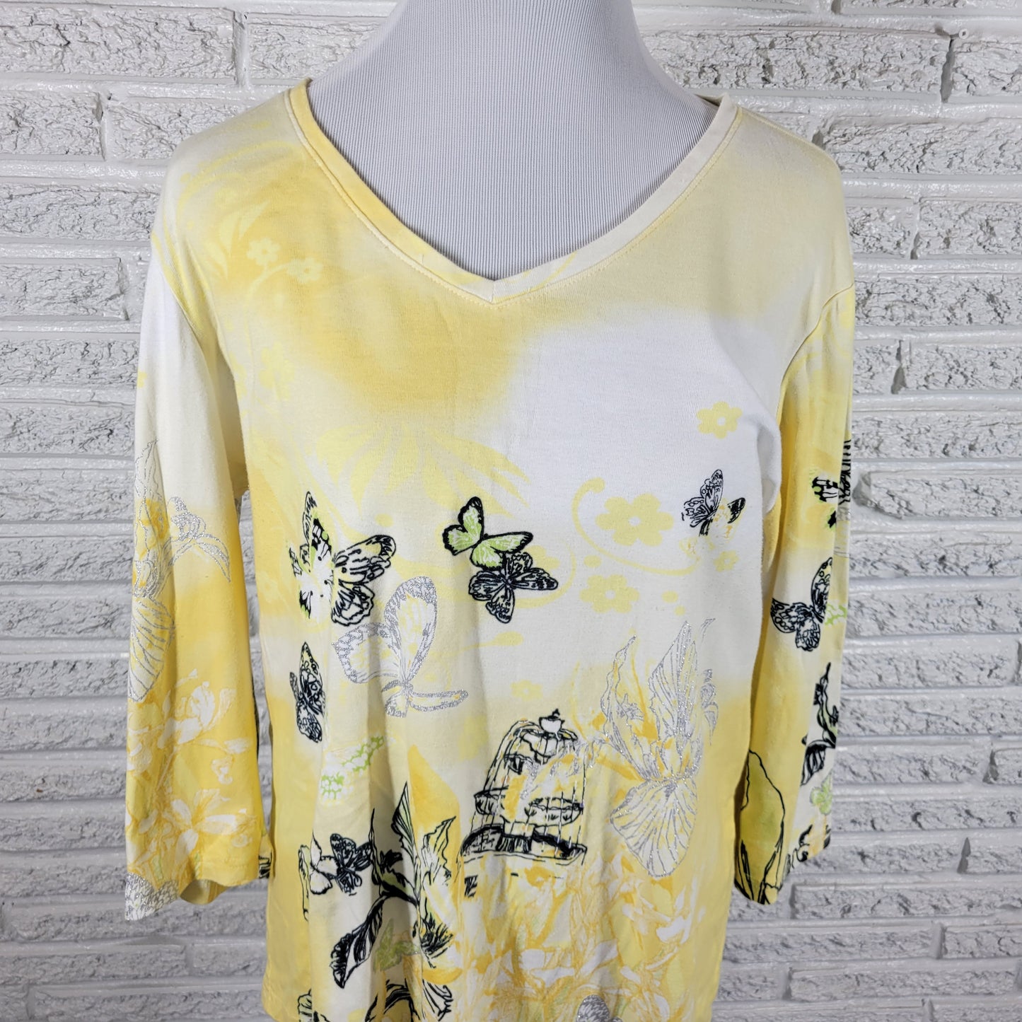 Christopher & Banks XL Shirt Yellow Butterfly Birdcage Floral Glitter Top YEL1E