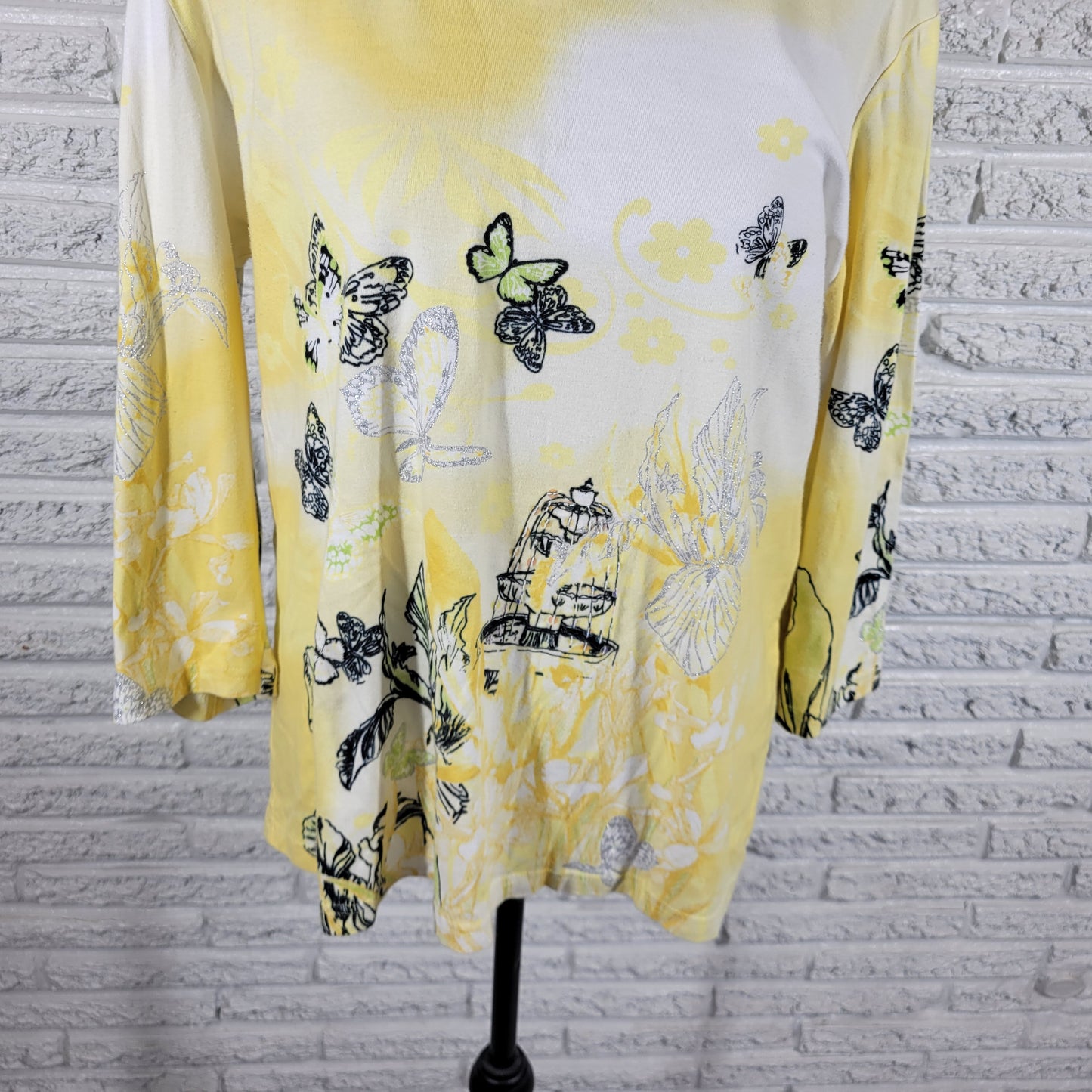 Christopher & Banks XL Shirt Yellow Butterfly Birdcage Floral Glitter Top YEL1E