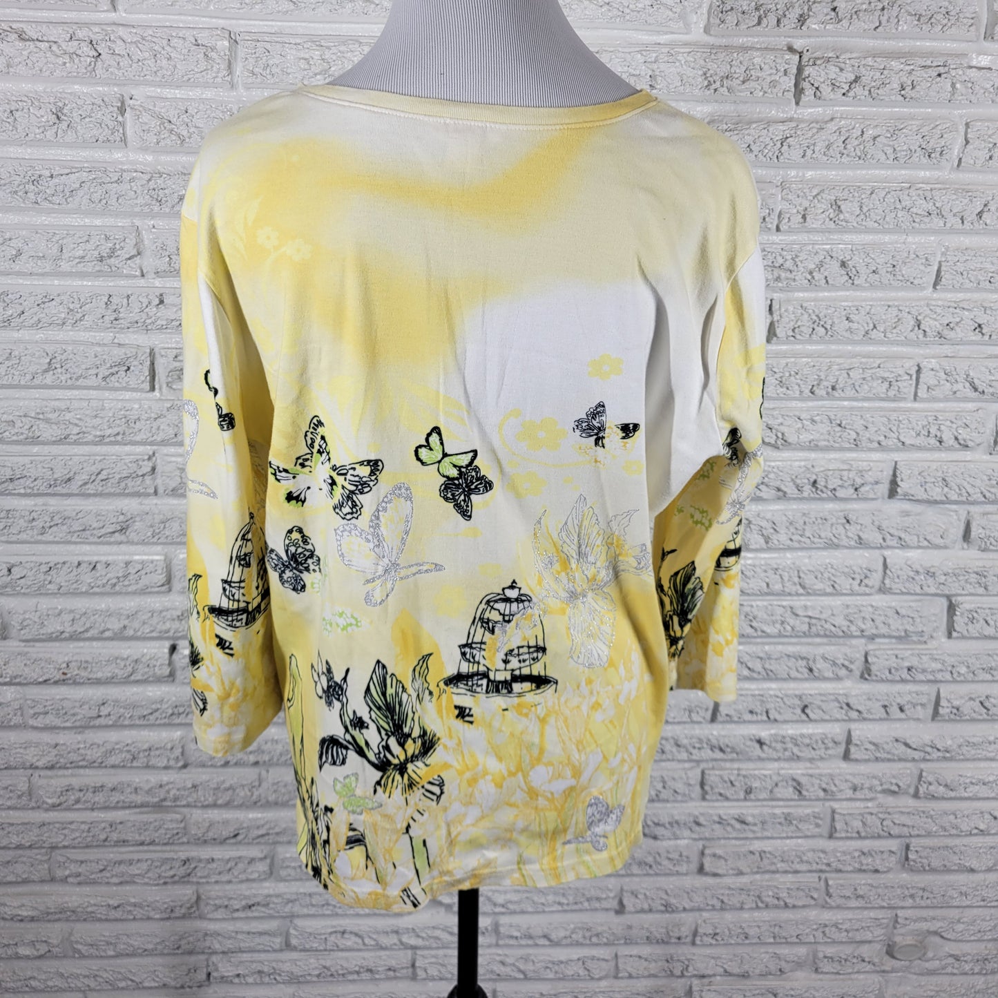 Christopher & Banks XL Shirt Yellow Butterfly Birdcage Floral Glitter Top YEL1E