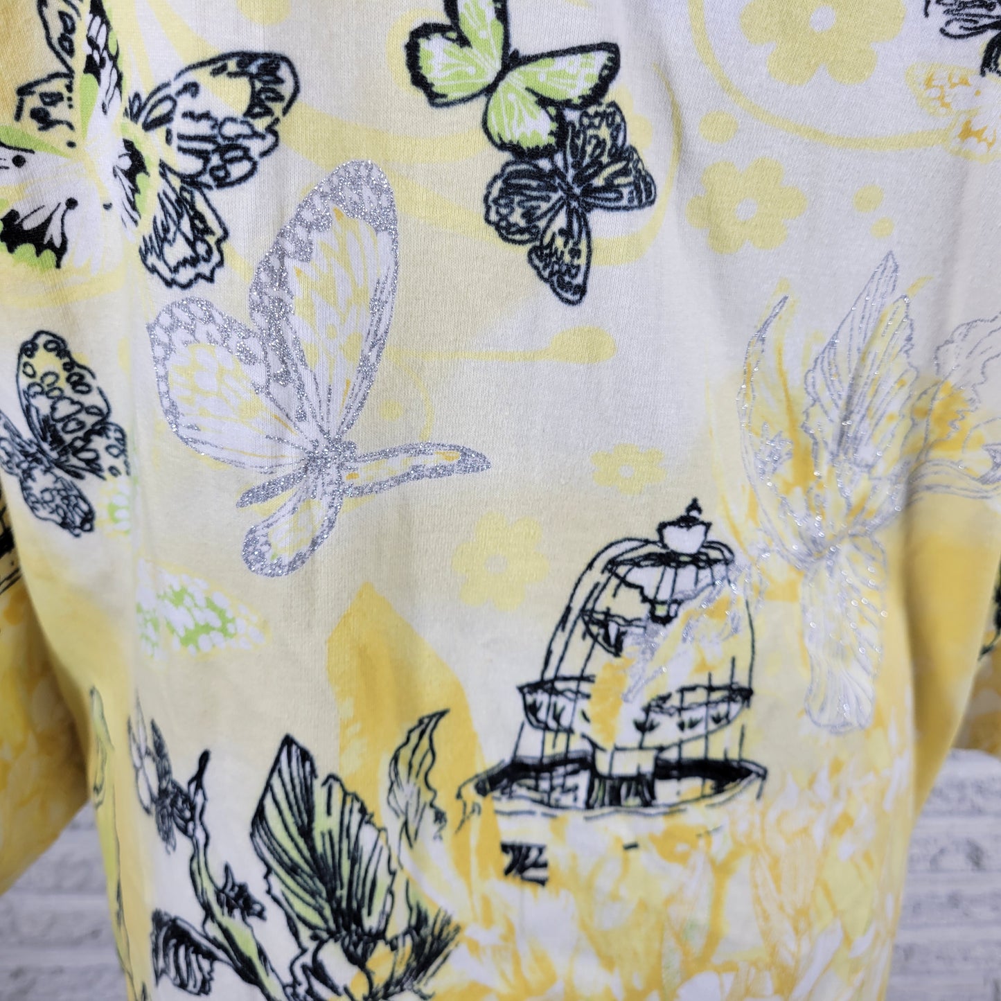 Christopher & Banks XL Shirt Yellow Butterfly Birdcage Floral Glitter Top YEL1E