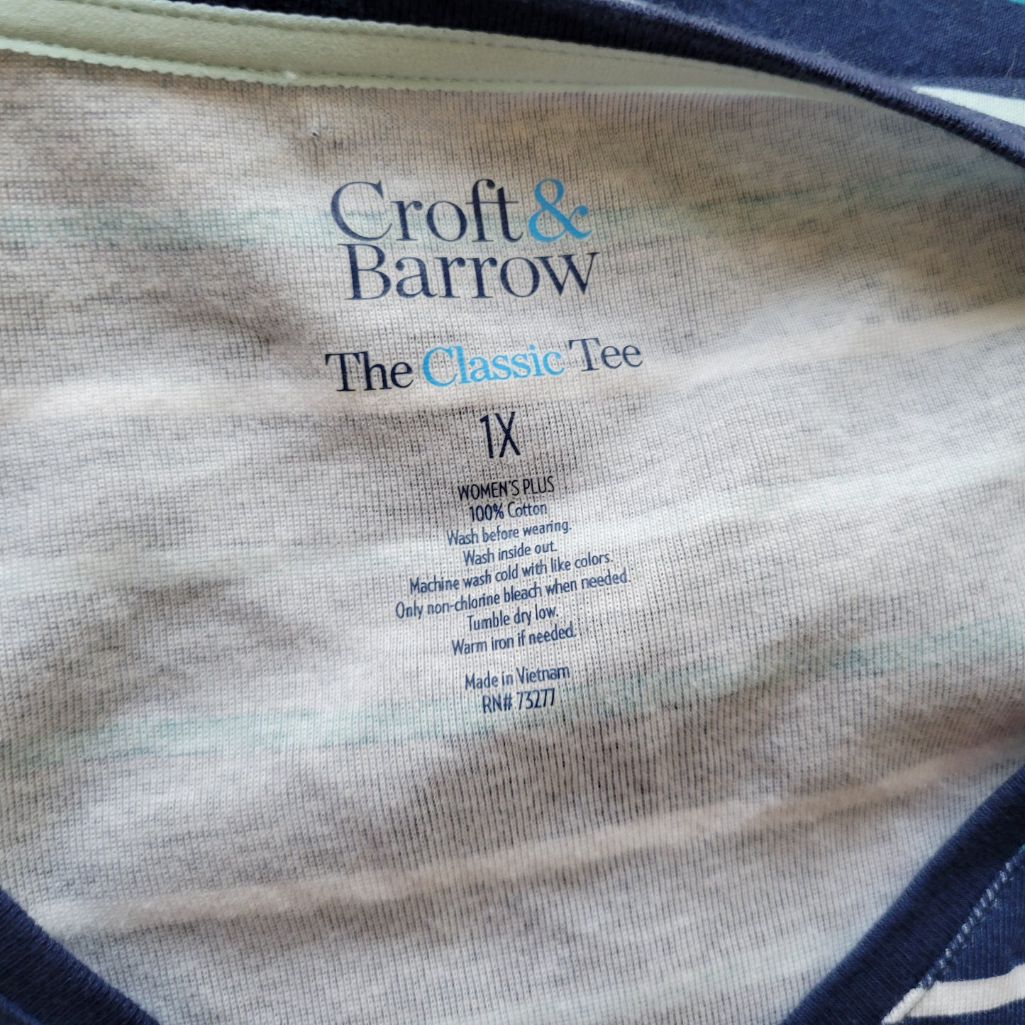 Croft Barrow Womens Tee 1X Blue White Striped Cotton V-Neck Shirt STR65XE