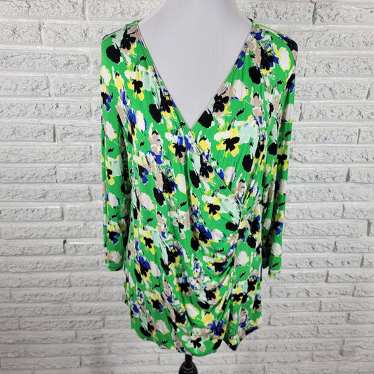 Dana Buchman Womens Top XL Green Yellow Watercolor V-Neck 3/4 Sleeve WAT98E