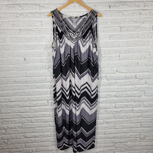 Catherines Dress 2X Black Gray Geometric Tank Maxi V-Neck Studded Sequin GEO189E
