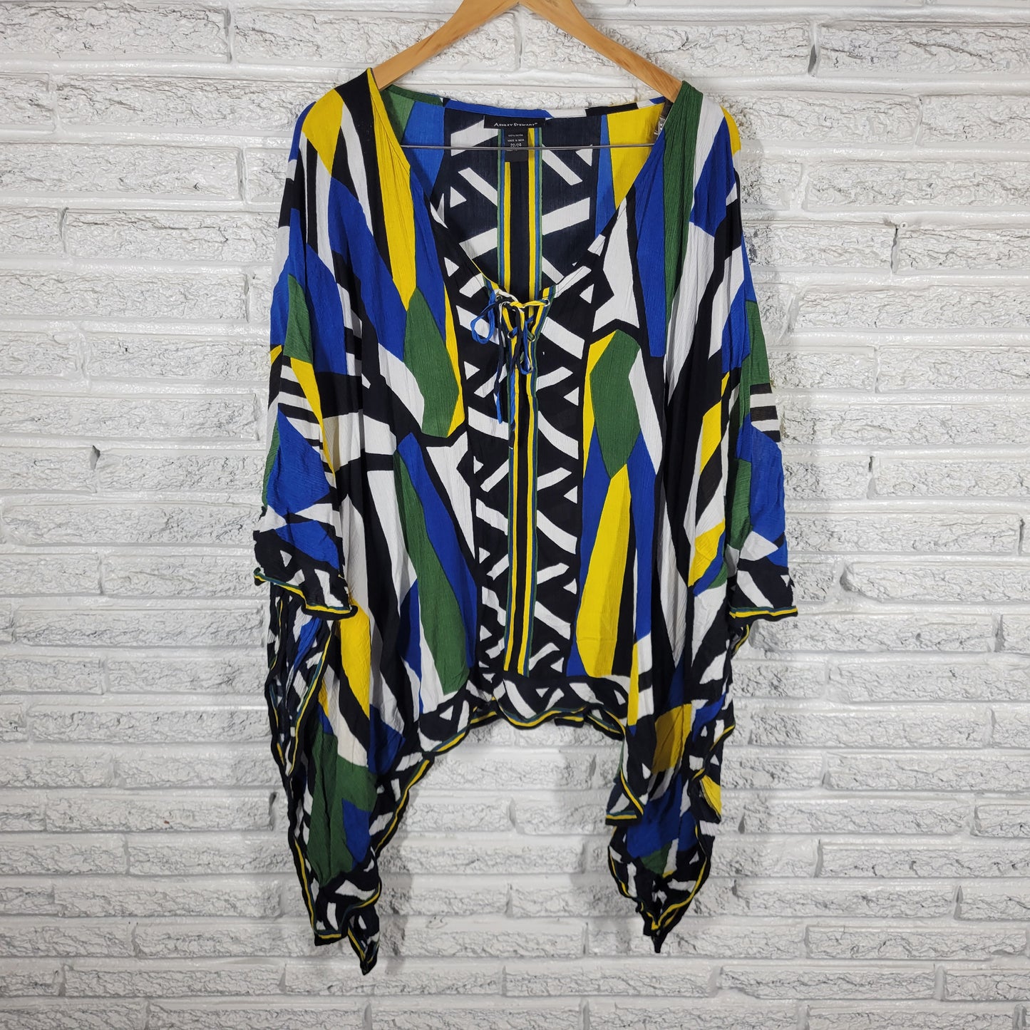 Ashley Stewart Womens 22/24 Poncho Kimono Top Lace Up Geometric Blouse GEO167E