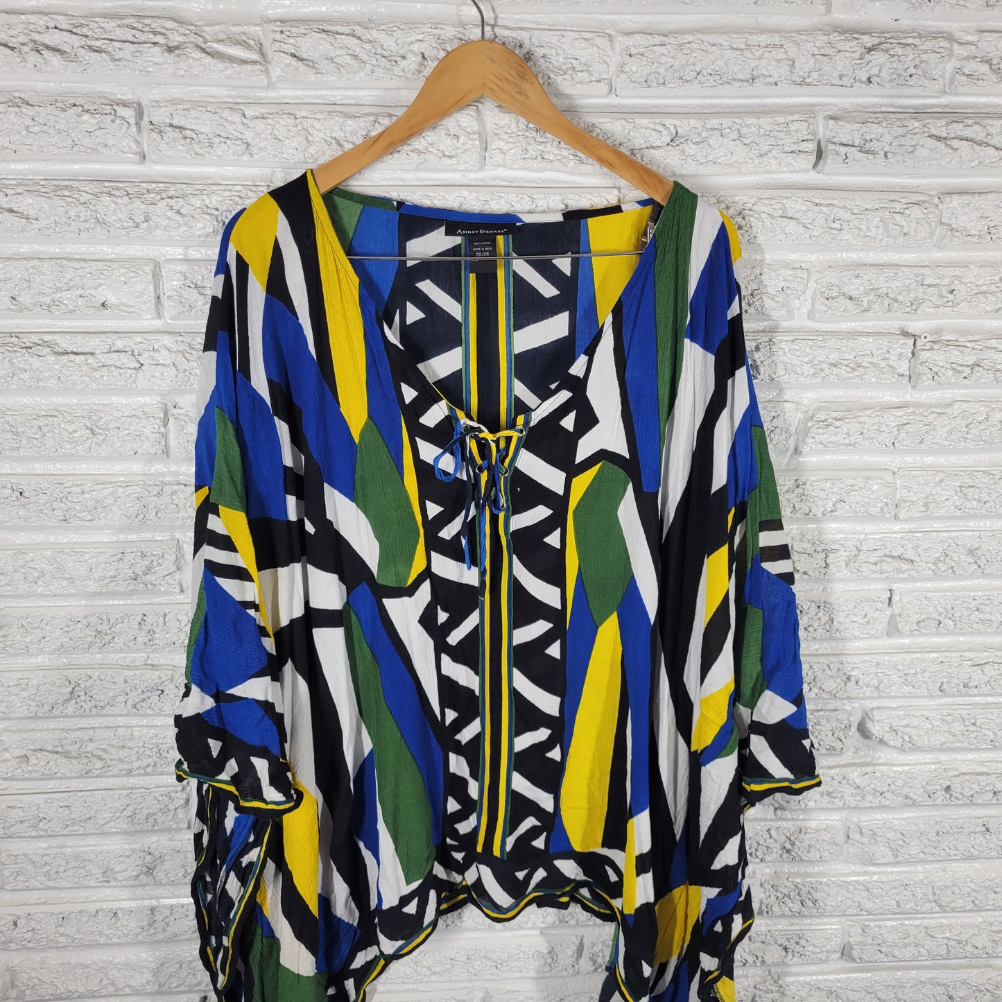 Ashley Stewart Womens 22/24 Poncho Kimono Top Lace Up Geometric Blouse GEO167E