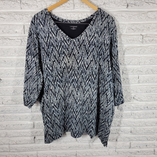 Catherines Womens 4X Indigo Blue Geometric V-Neck 3/4 Sleeve Cotton Tee GEO156XE