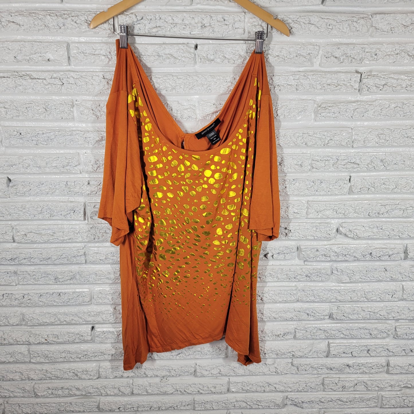 Ashley Stewart Womens 22/24 Top Orange Gold Foil Animal Print Keyhole ANI32E