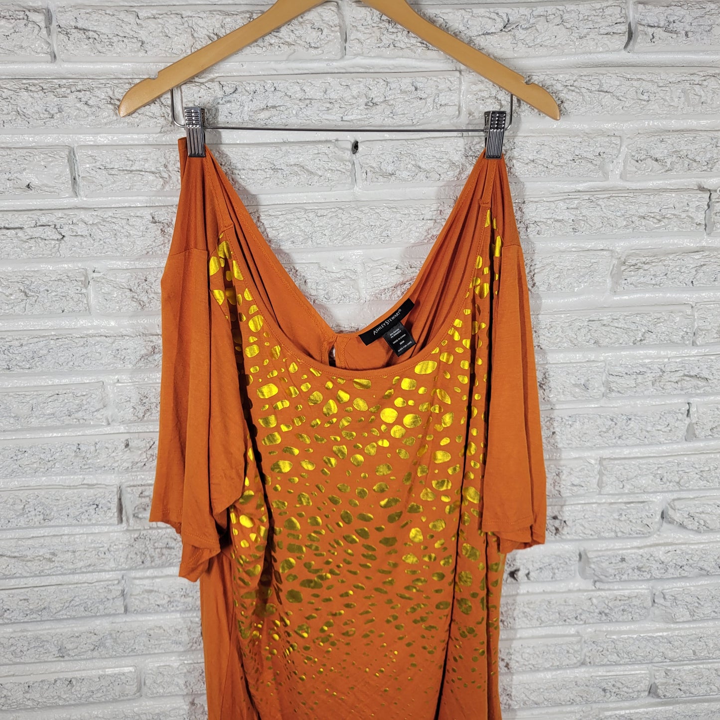 Ashley Stewart Womens 22/24 Top Orange Gold Foil Animal Print Keyhole ANI32E